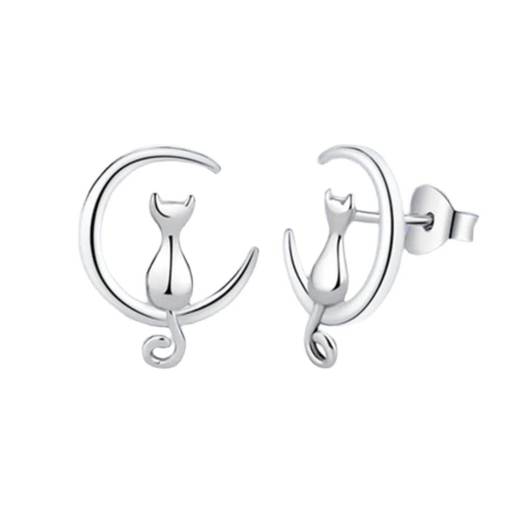 Cat On Moon -  Sterling Silver Earrings