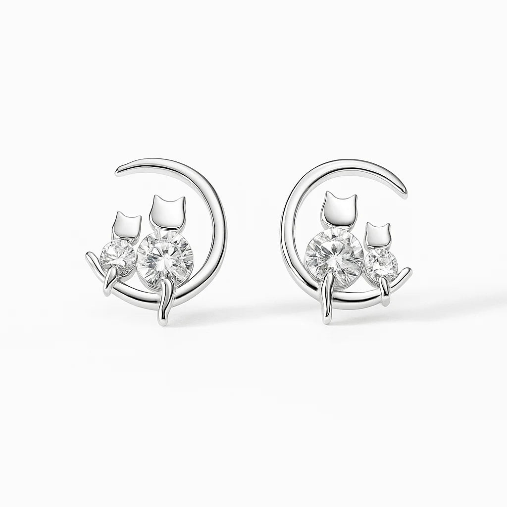Cat &amp; Kitten - Zircon Sterling Silver Stud Earrings