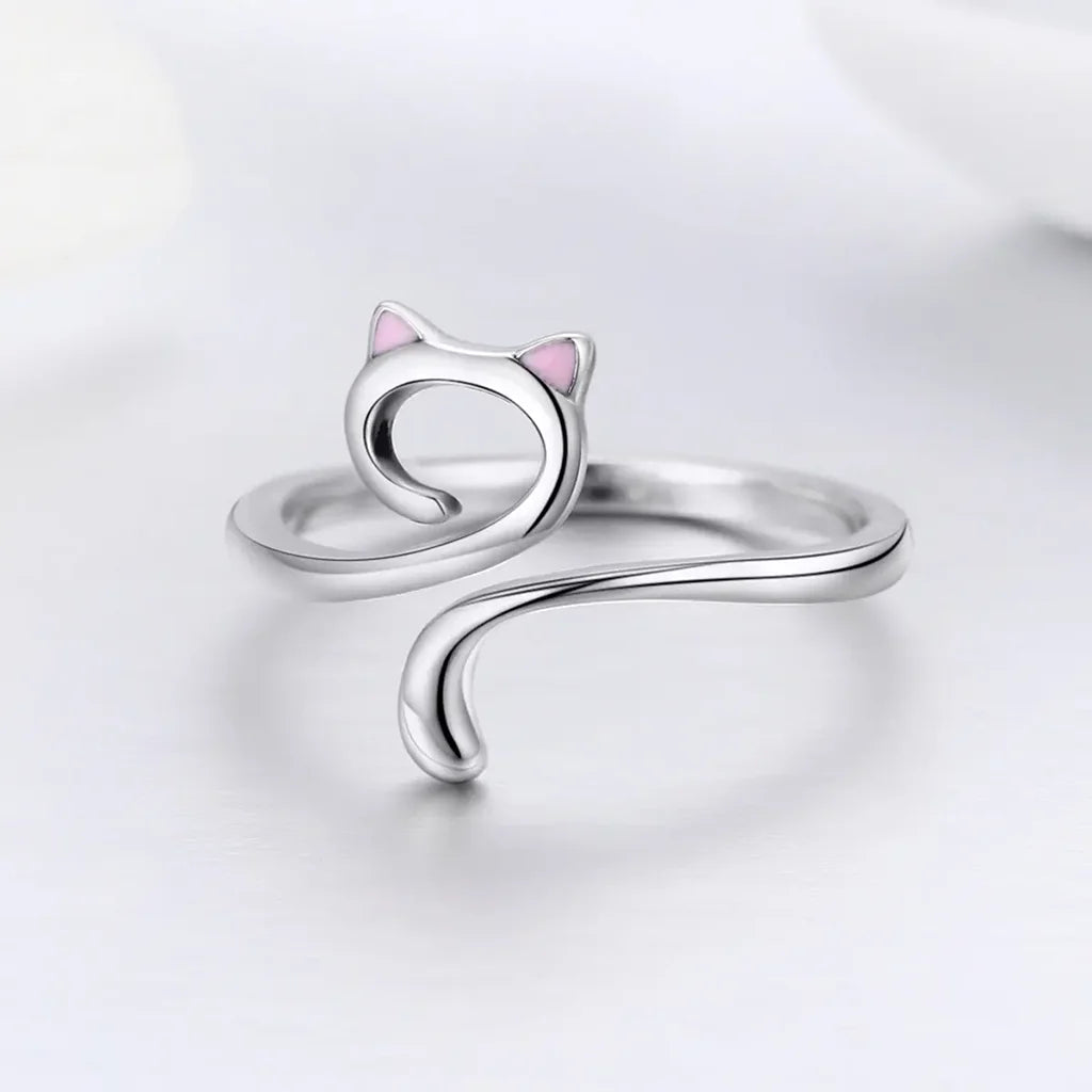 Pink Ears Silver Kitty - Sterling Silver Ring