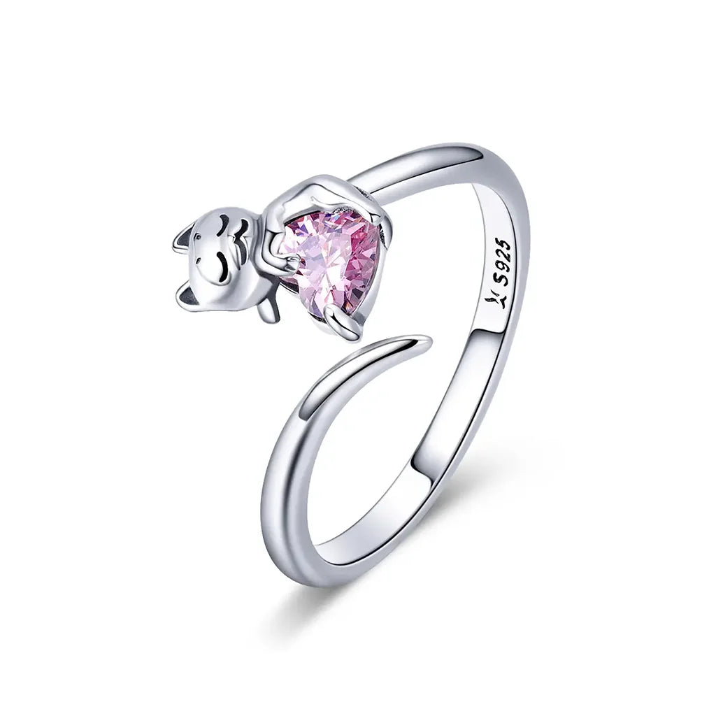 Pink Zircon Heart Silver Kitty - Sterling Silver Ring