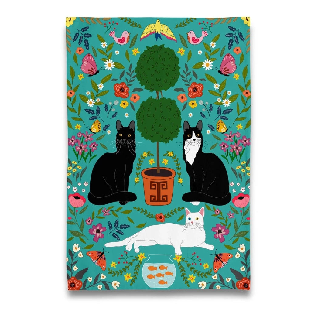 Cat Trio With Topiary and Florals - Tea Towel