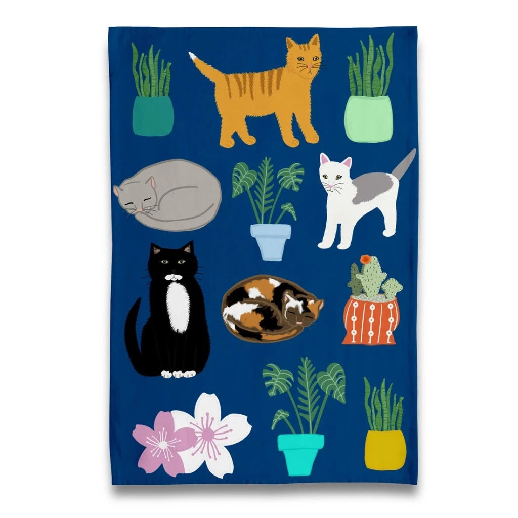 Cat with Plants - Tea Towel