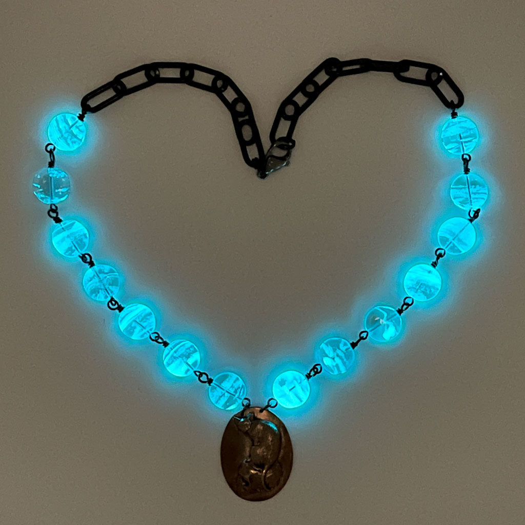 Aqua Glow Cat - Bronze Necklace