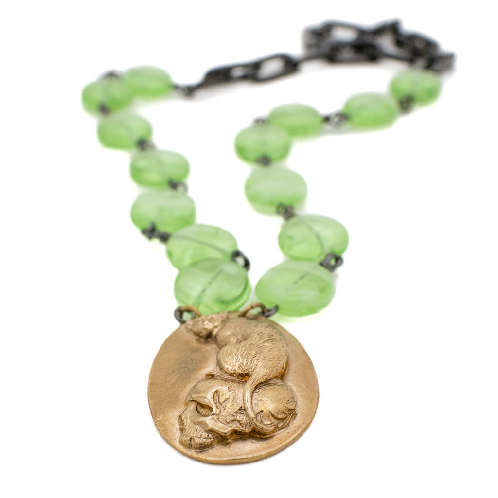 Lime Glow Cat - Bronze Necklace