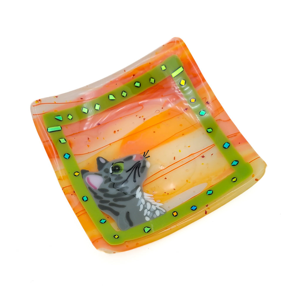 Grey Tabby Cat- Fused Glass Plate