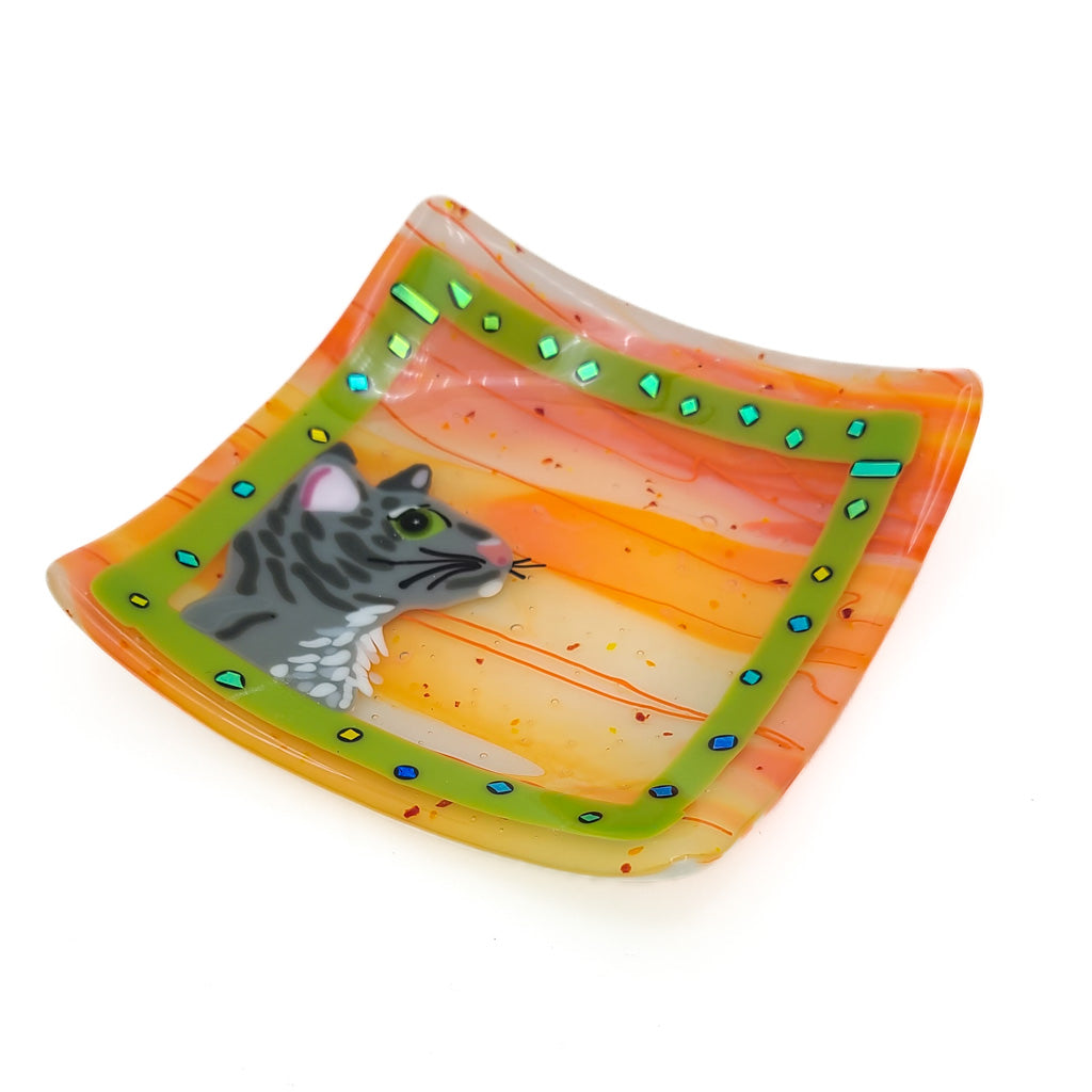 Grey Tabby Cat- Fused Glass Plate