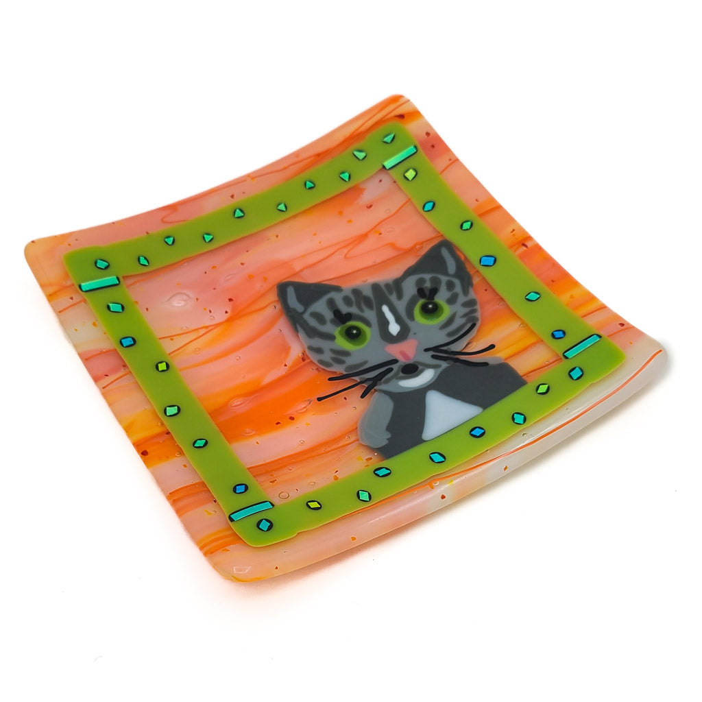 Grey Tabby Cat - Fused Glass plate