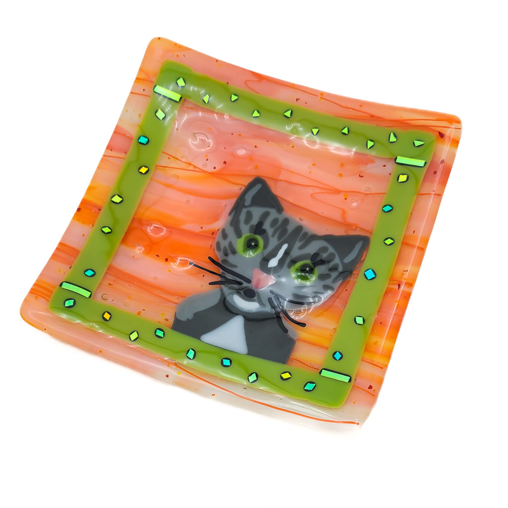 Grey Tabby Cat - Fused Glass plate