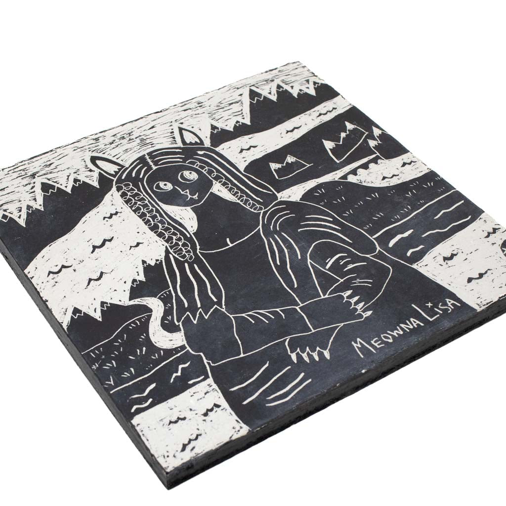 Meowna Lisa - Clay & ink on Wood