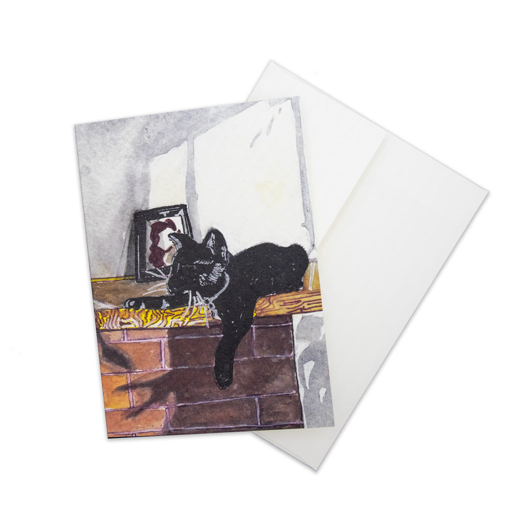 Black Cat on Mantel - Greeting Card