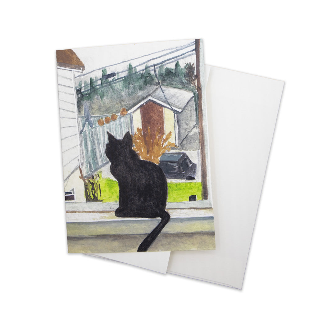Black Cat on Windowsill - Greeting Card