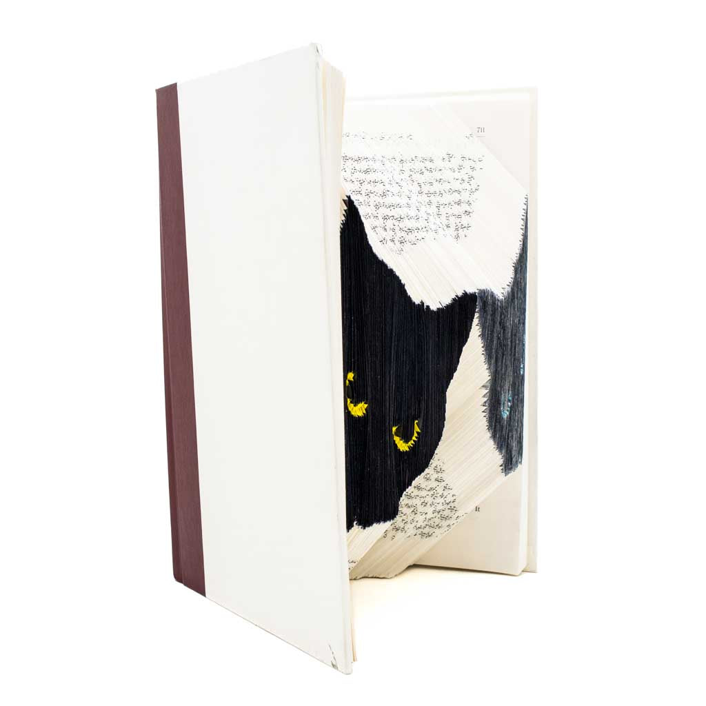 Double Peeking Black Cat - Book Sculpture