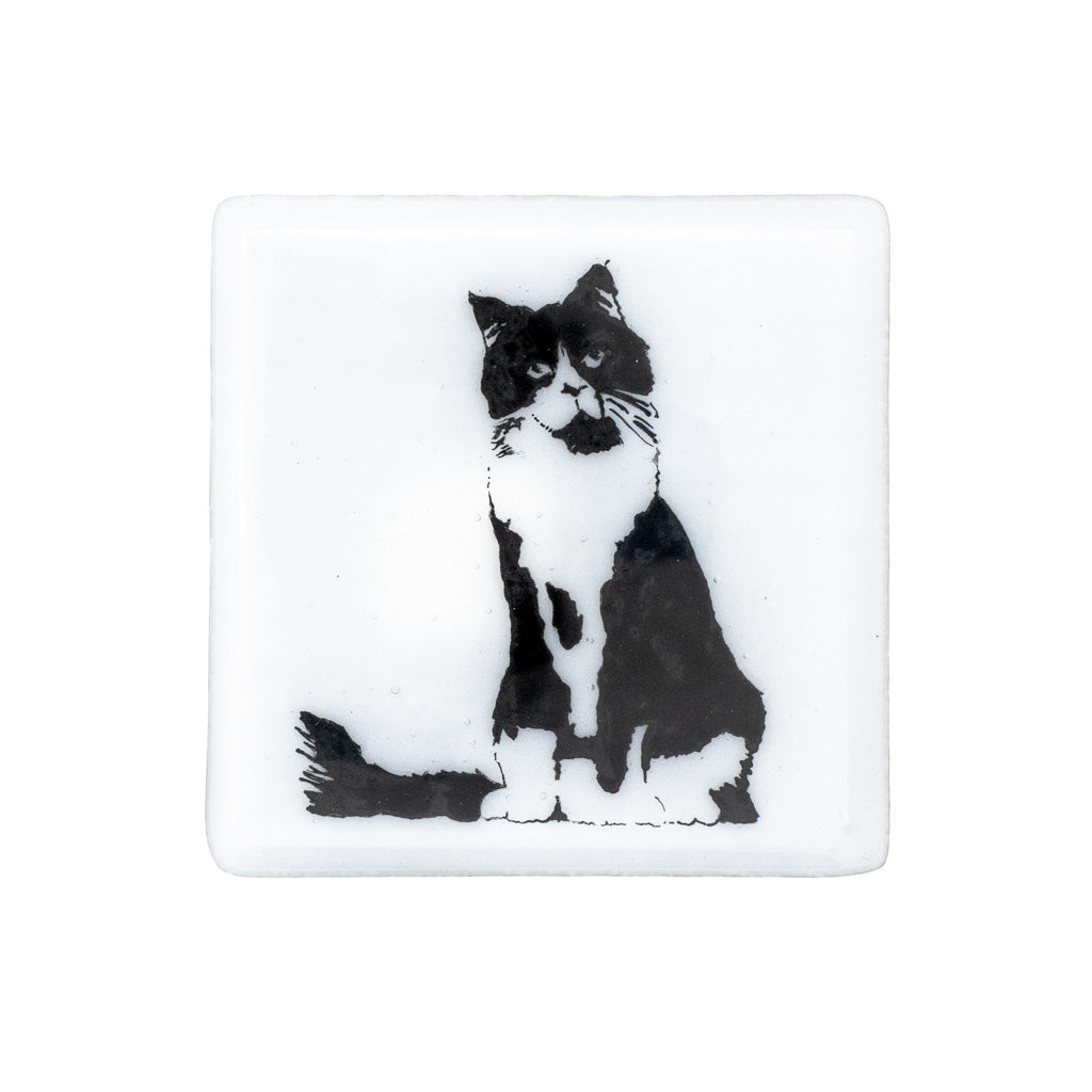 Fluffy Tuxedo Cat - Glass Coaster