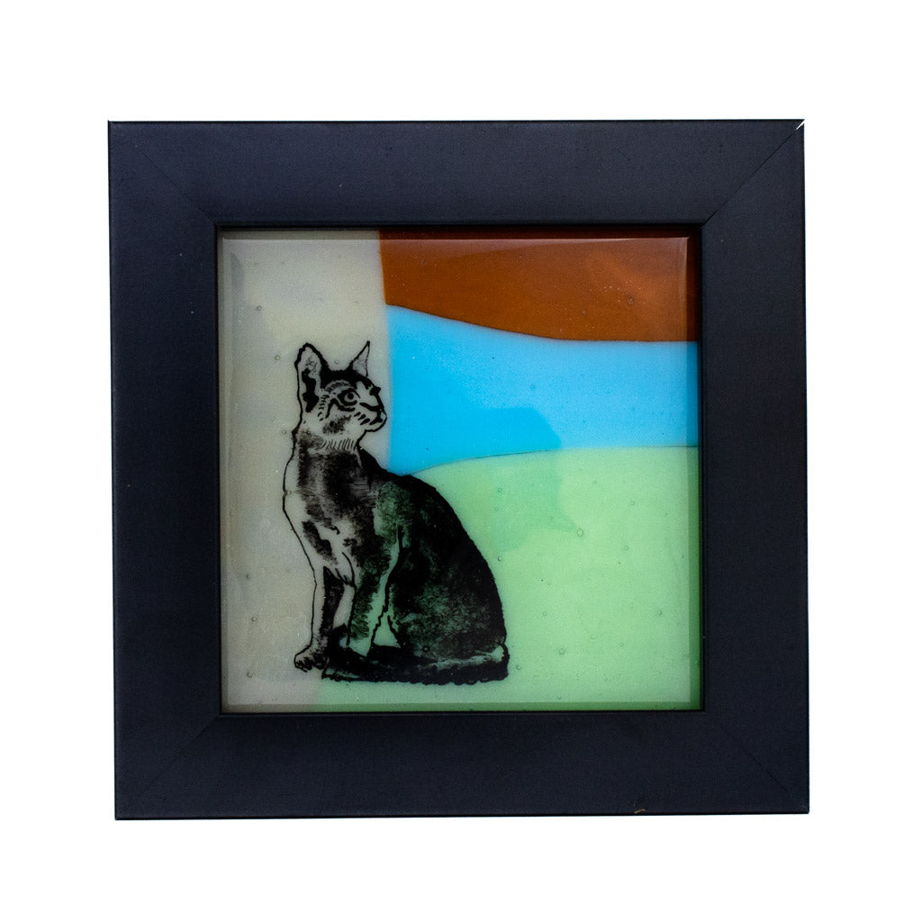 Retro Russian Blue Cat - Framed Fuse Glass