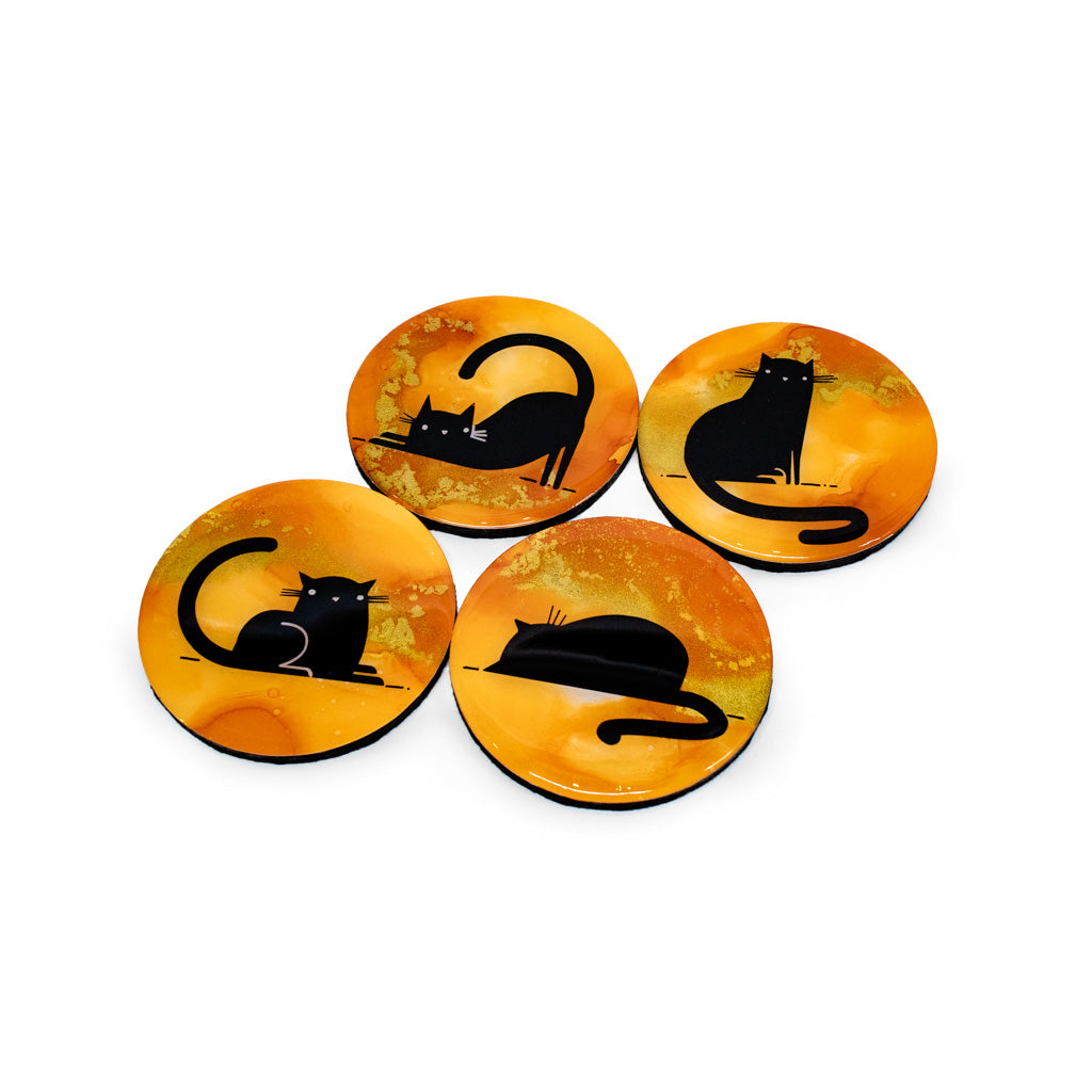 Orange/Gold Black Cat - Coaster Set