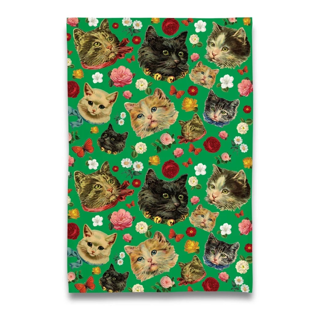 Kitschy Kitty Cat Cats with Florals - Tea Towel